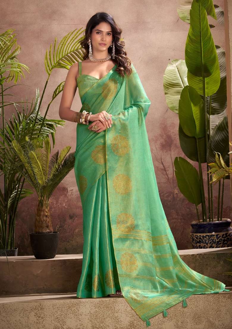 Sea Green Woven Zari Work Tissue Silk Blend Saree Set for Diwali and Festive Wear - Indya