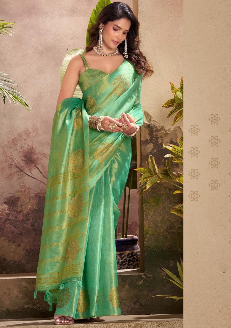 Sea Green Woven Zari Work Tissue Silk Saree Set - Indya