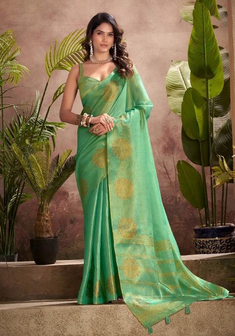 Sea Green Woven Zari Work Tissue Silk Saree Set