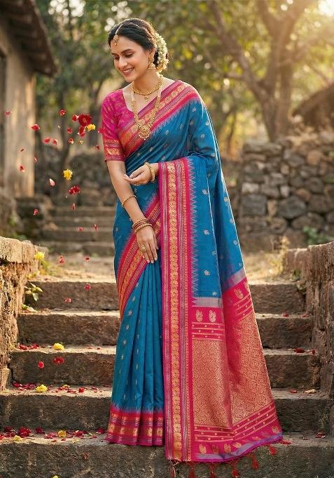 Blue Woven Zari Work Paithani Silk Blend Saree Set