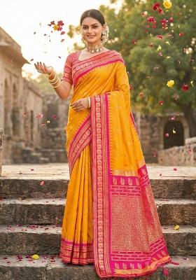 Yellow Woven Zari Work Paithani Silk Saree Set