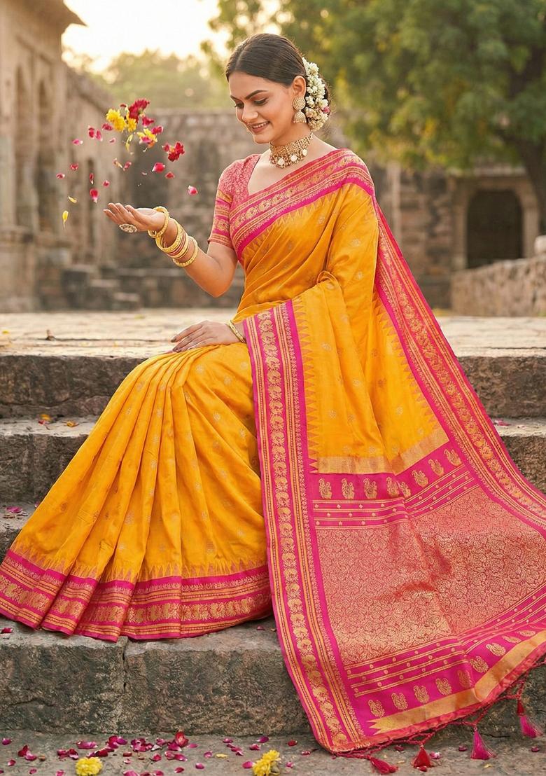 Yellow Woven Zari Work Paithani Silk Saree Set - Indya