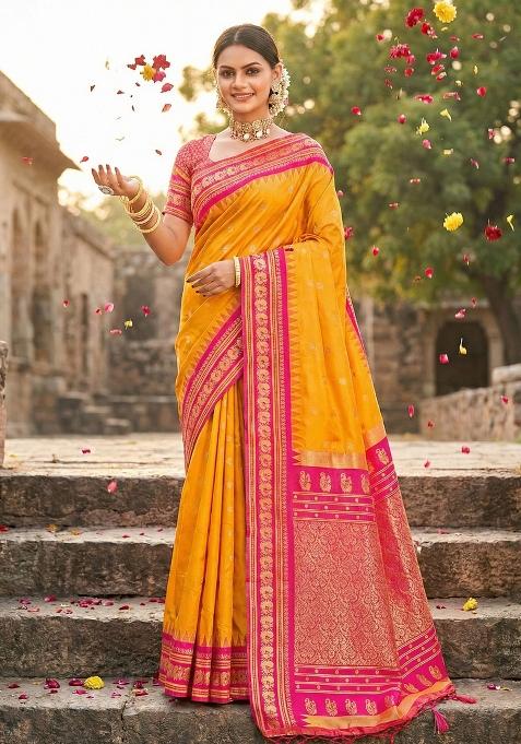 Yellow Woven Zari Work Paithani Silk Blend Saree Set