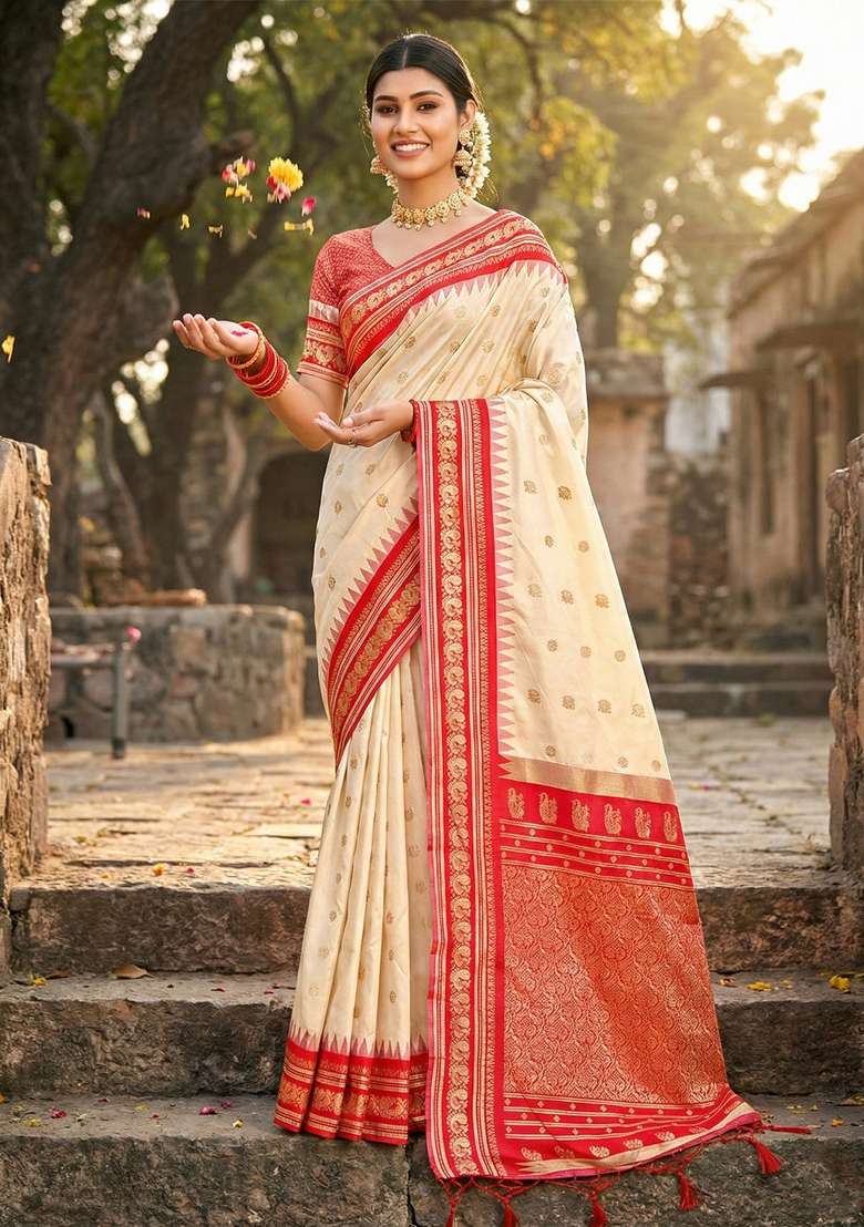 Cream Woven Zari Work Paithani Silk Blend Saree Set for Diwali and Festive Wear - Indya