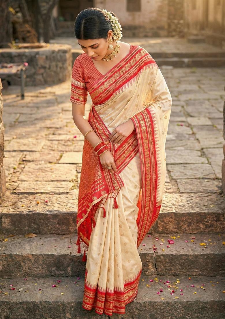Cream Woven Zari Work Paithani Silk Saree Set - Indya