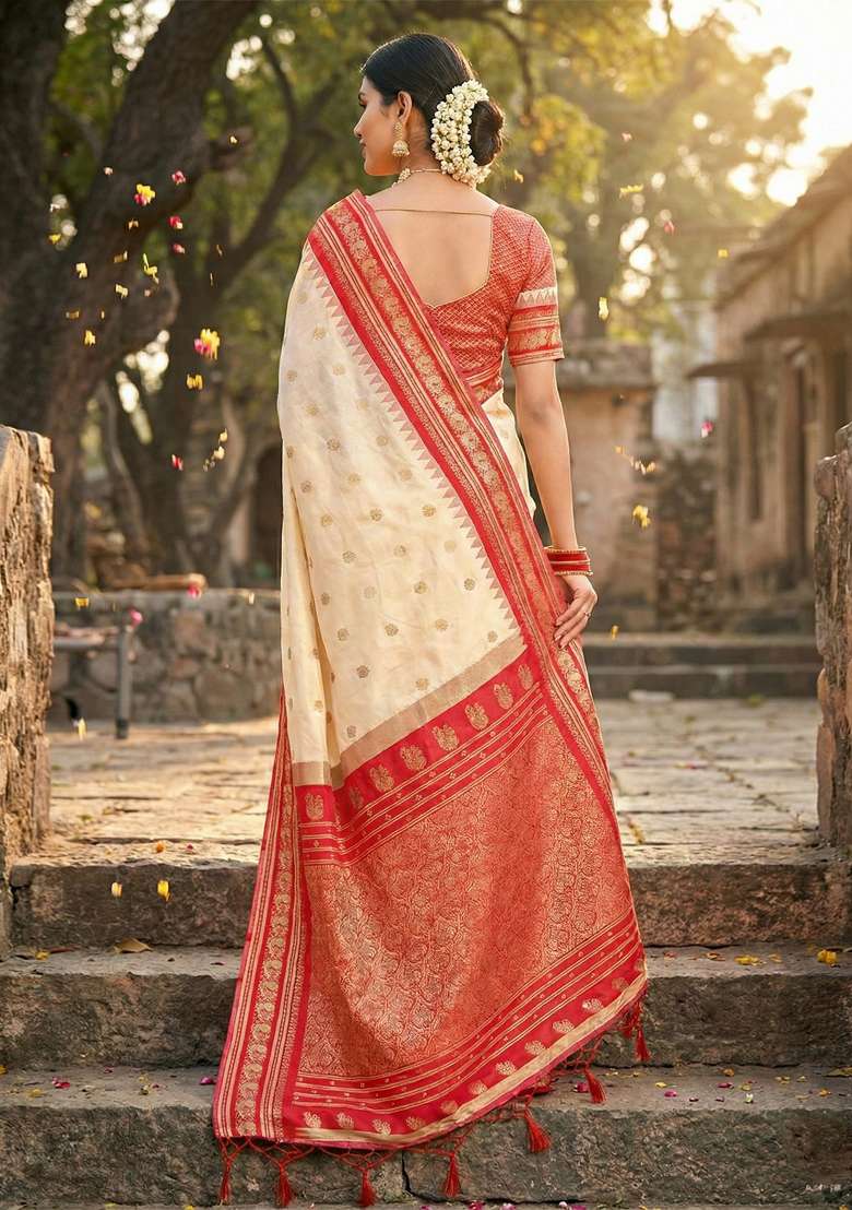 Cream Woven Zari Work Paithani Silk Blend Saree Set for Diwali and Festive Wear - Indya