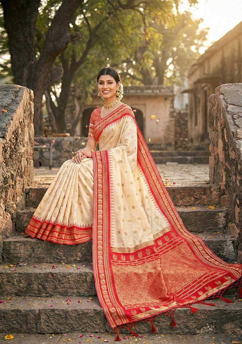 Cream Woven Zari Work Paithani Silk Saree Set - Indya