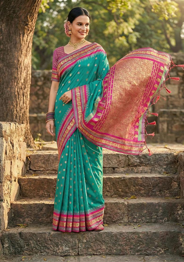 Sea Green Woven Zari Work Paithani Silk Saree Set - Indya