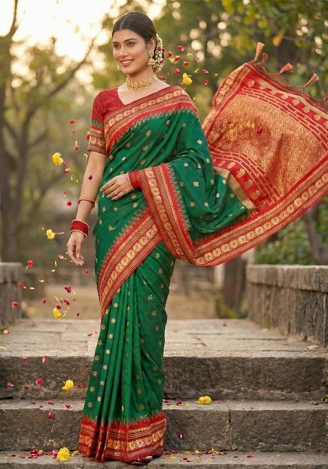 Green Woven Zari Work Paithani Silk Blend Saree Set