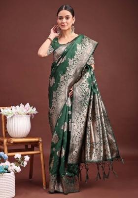 Dark Green Woven Zari Work Banarasi Silk Saree Set