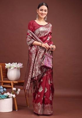 Maroon Woven Zari Work Banarasi Silk Saree Set