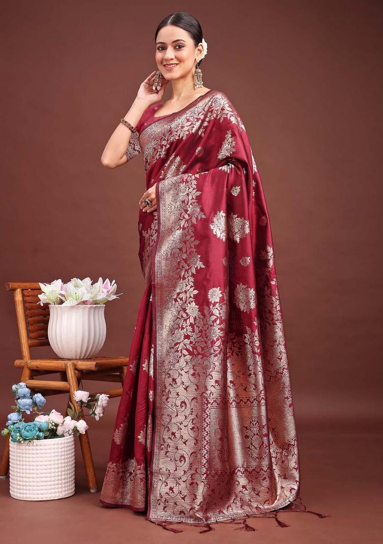 Maroon Woven Zari Work Banarasi Silk Saree Set - Indya