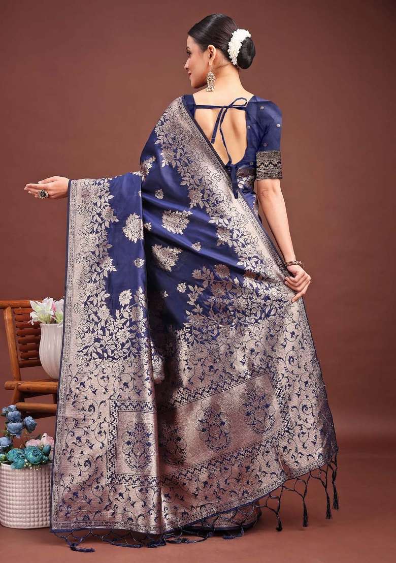 Navy Blue Woven Zari Work Banarasi Silk Blend Saree Set for Diwali and Festive Wear - Indya