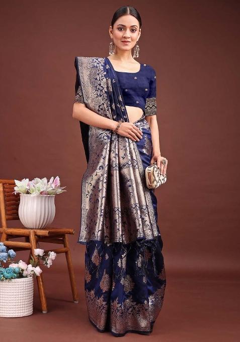Navy Blue Woven Zari Work Banarasi Silk Saree Set — view on Indya