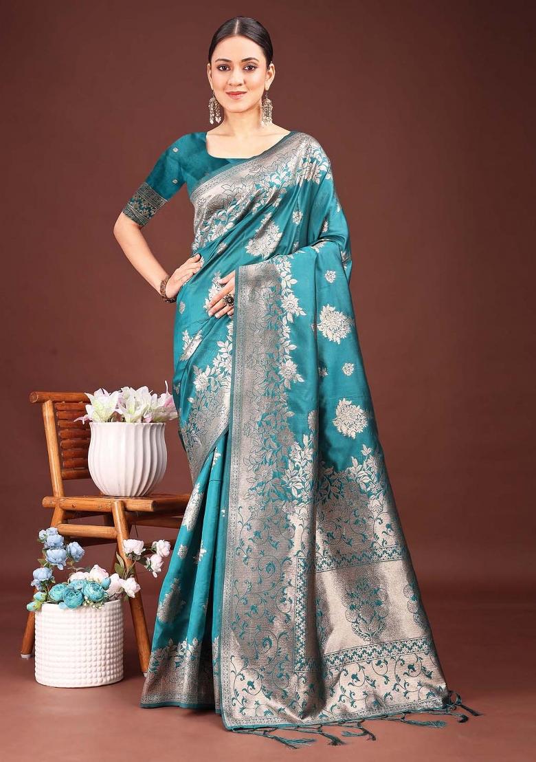 Turquoise Woven Zari Work Banarasi Silk Saree Set - Indya