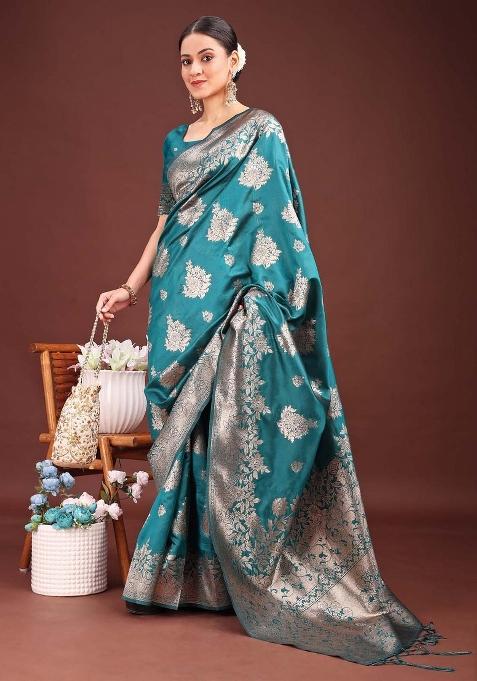 Turquoise Woven Zari Work Banarasi Silk Saree Set