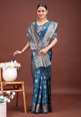 Teal Woven Zari Work Banarasi Silk Saree Set