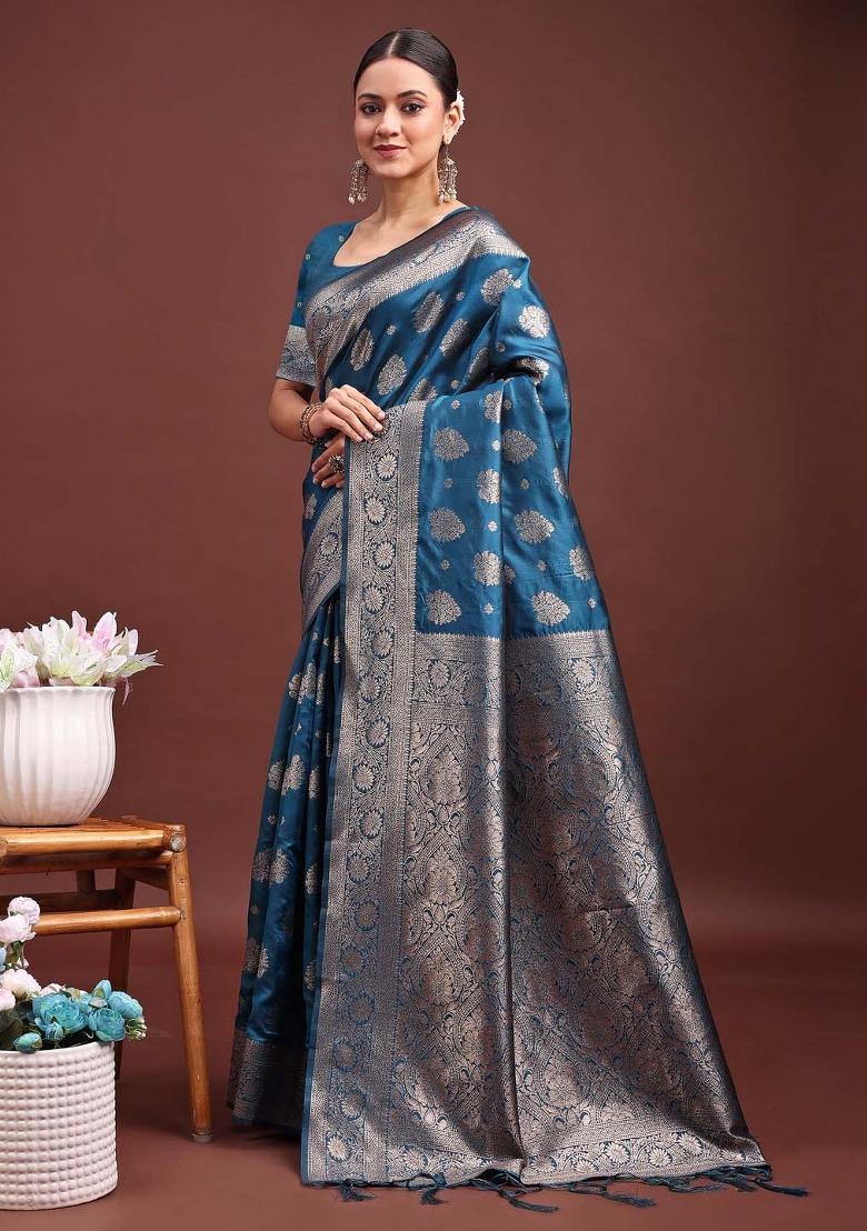 Teal Woven Zari Work Banarasi Silk Saree Set - Indya
