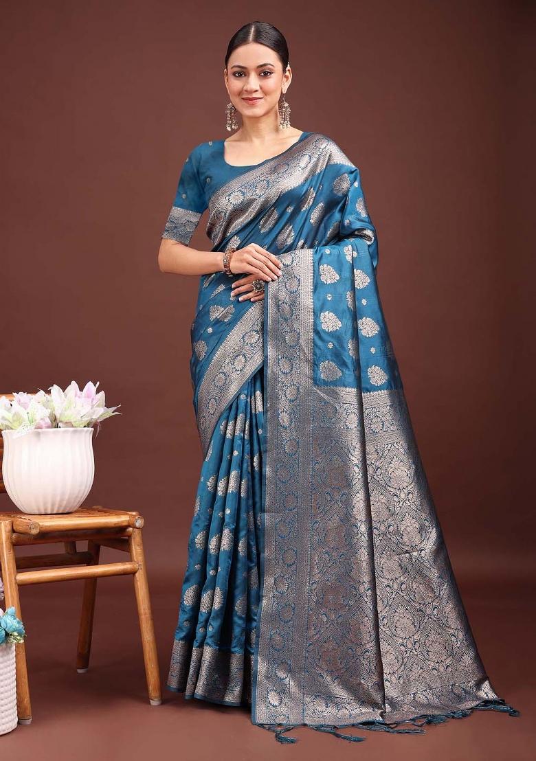 Teal Woven Zari Work Banarasi Silk Saree Set - Indya