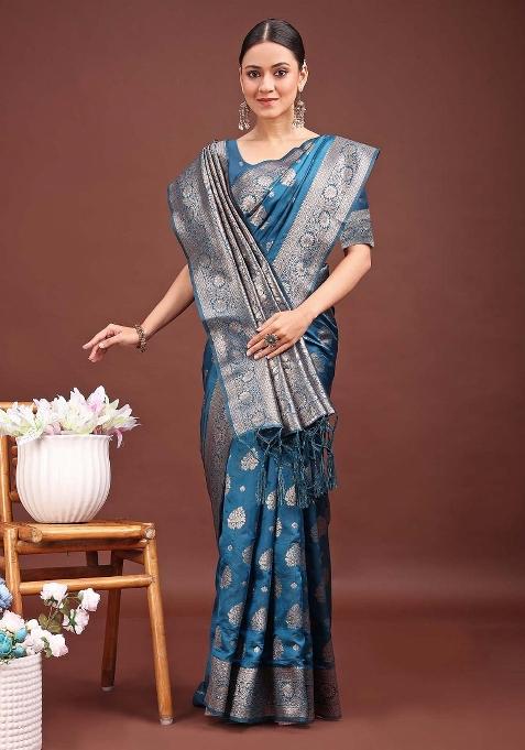 Teal Woven Zari Work Banarasi Silk Saree Set
