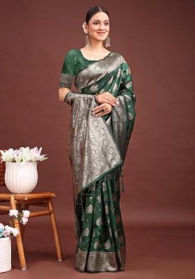 Dark Green Woven Zari Work Banarasi Silk Saree Set