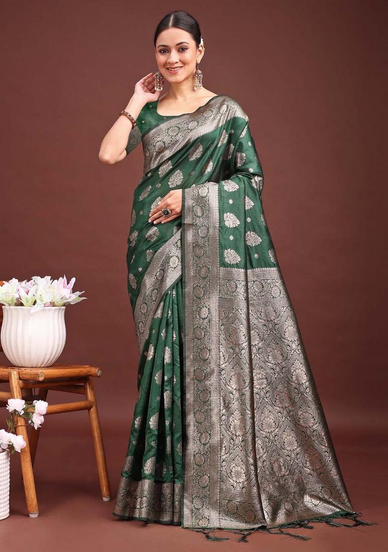 Dark Green Woven Zari Work Banarasi Silk Saree Set - Indya