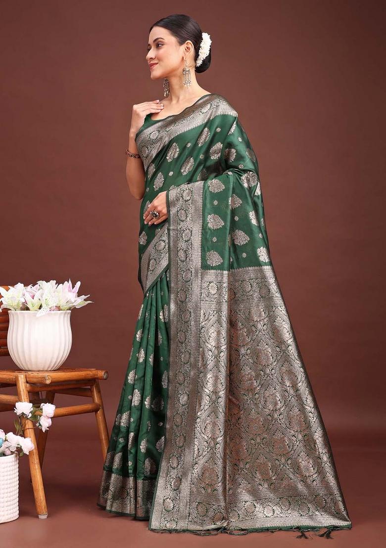 Dark Green Woven Zari Work Banarasi Silk Saree Set - Indya