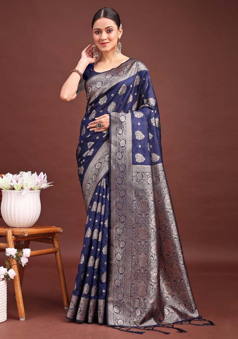 Navy Blue Woven Zari Work Banarasi Silk Saree Set - Indya
