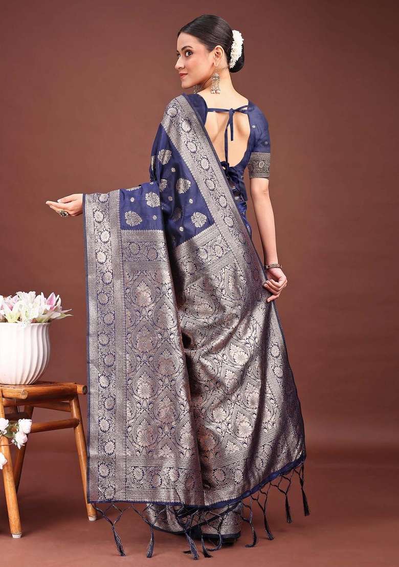 Navy Blue Woven Zari Work Banarasi Silk Blend Saree Set for Diwali and Festive Wear - Indya