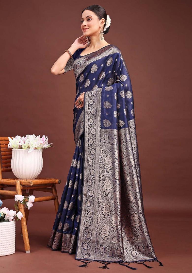 Navy Blue Woven Zari Work Banarasi Silk Saree Set - Indya