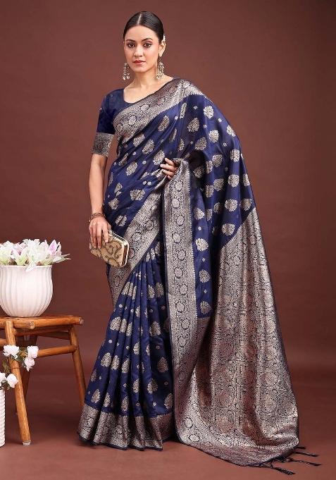 Navy Blue Woven Zari Work Banarasi Silk Blend Saree Set