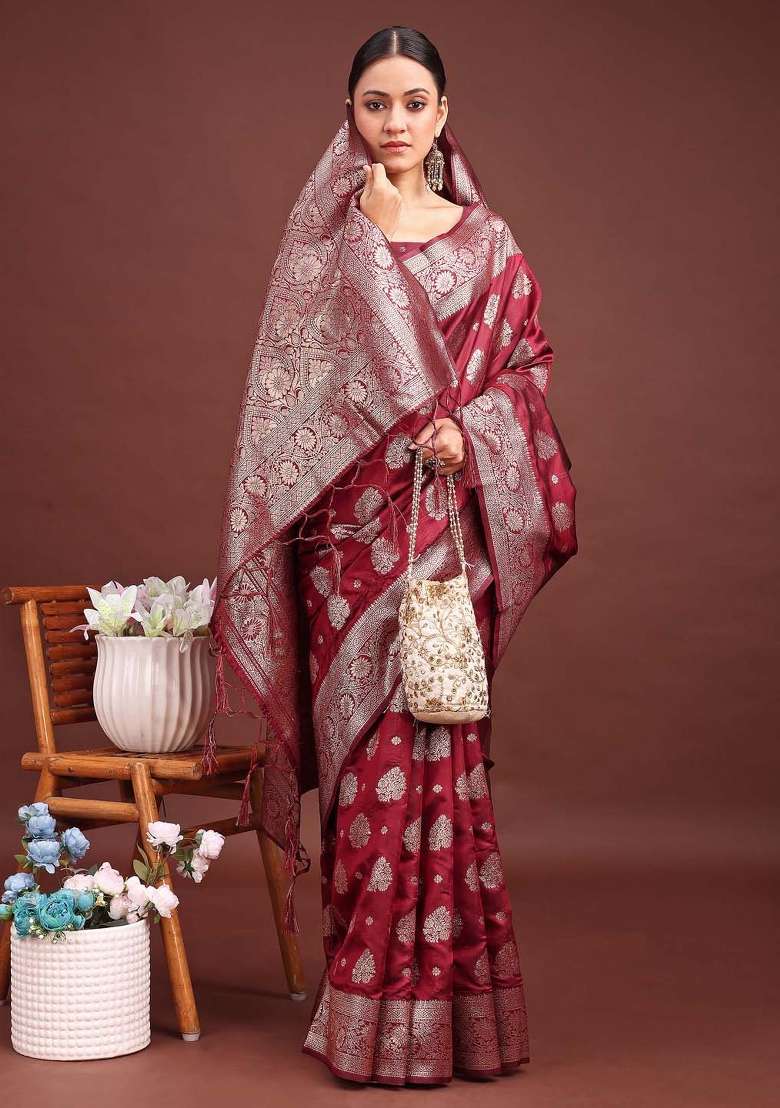 Maroon Woven Zari Work Banarasi Silk Blend Saree Set for Diwali and Festive Wear - Indya