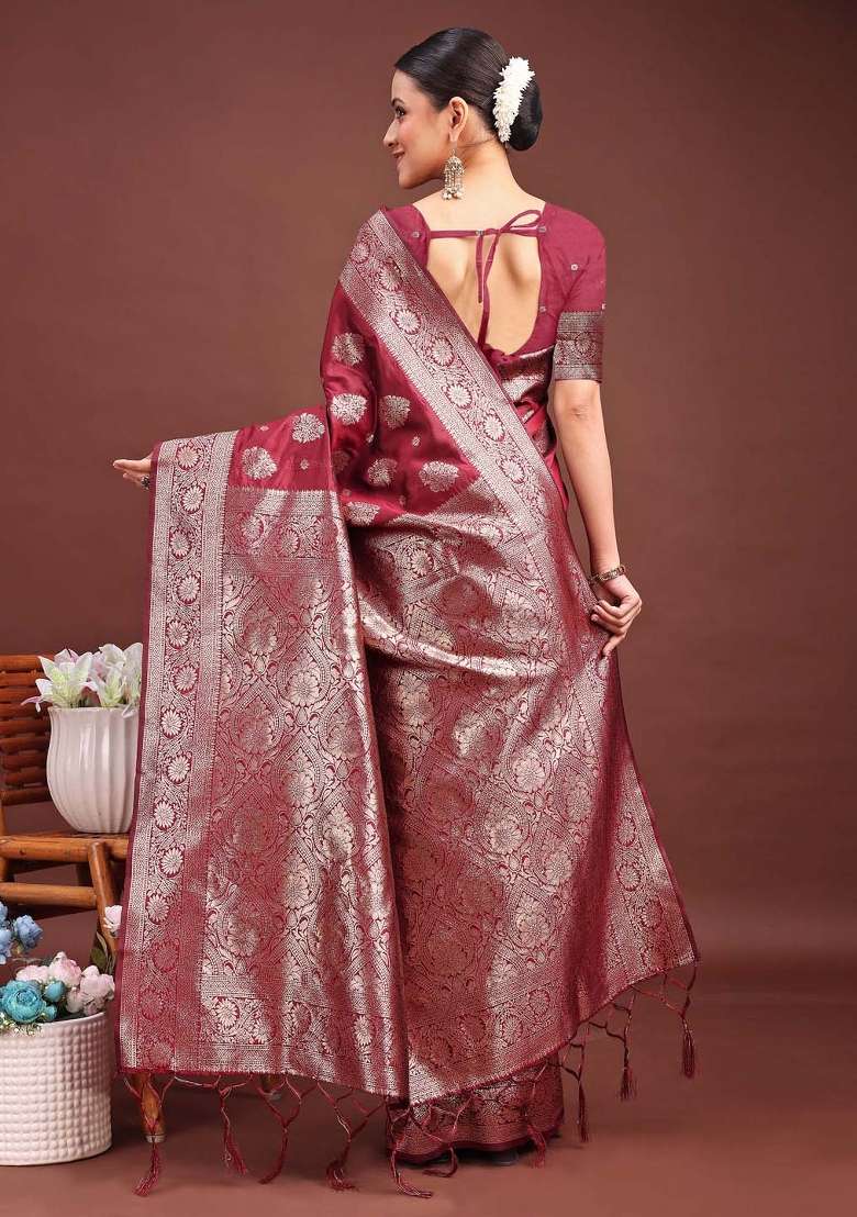 Maroon Woven Zari Work Banarasi Silk Blend Saree Set for Diwali and Festive Wear - Indya