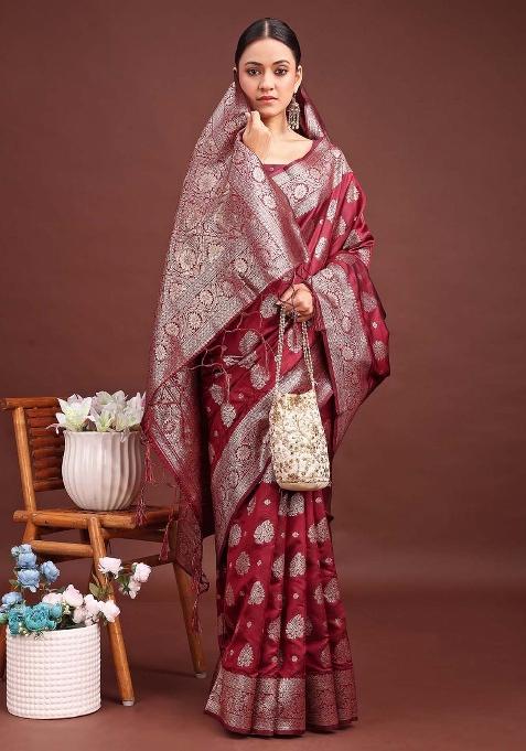 Maroon Woven Zari Work Banarasi Silk Saree Set