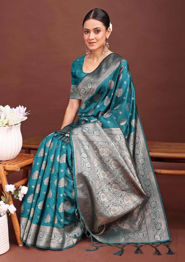 Sea Green Woven Zari Work Banarasi Silk Blend Saree Set for Diwali and Festive Wear - Indya