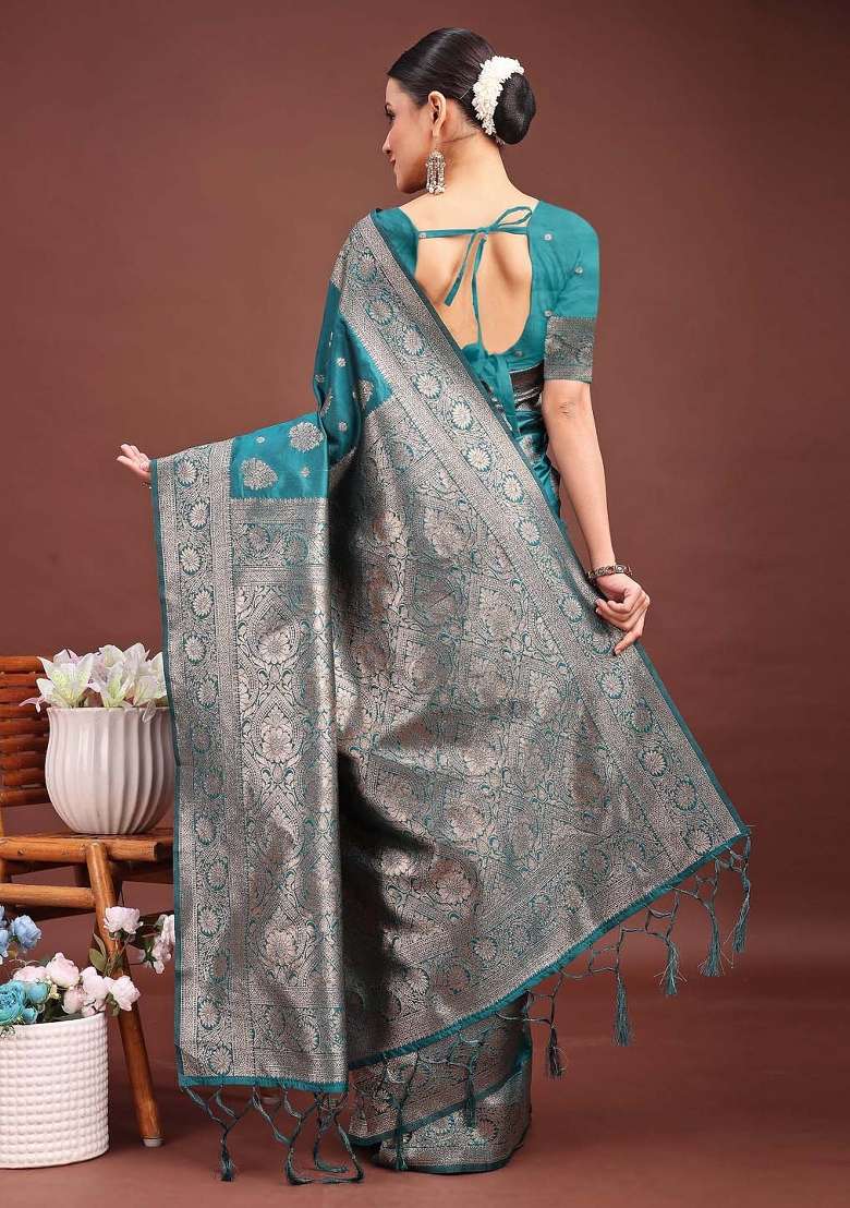 Sea Green Woven Zari Work Banarasi Silk Blend Saree Set for Diwali and Festive Wear - Indya