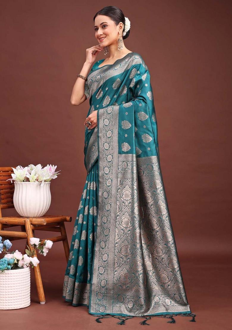 Sea Green Woven Zari Work Banarasi Silk Saree Set - Indya