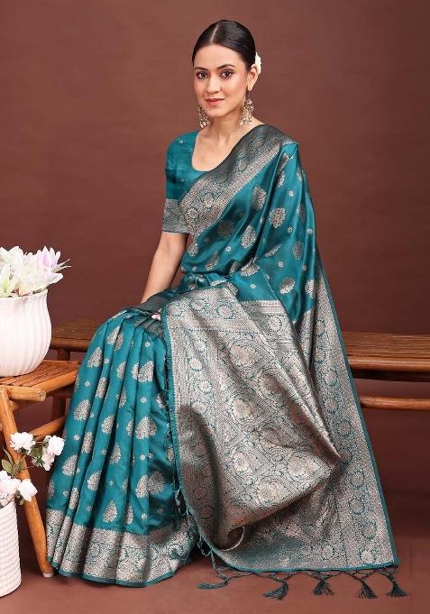Sea Green Woven Zari Work Banarasi Silk Blend Saree Set