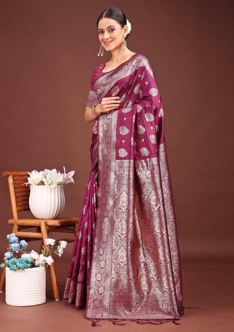 Purple Woven Zari Work Banarasi Silk Saree Set - Indya