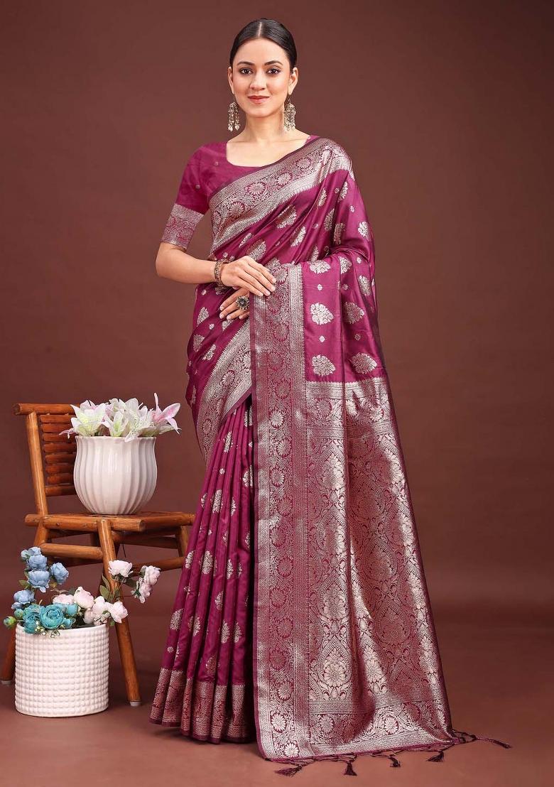 Purple Woven Zari Work Banarasi Silk Saree Set - Indya