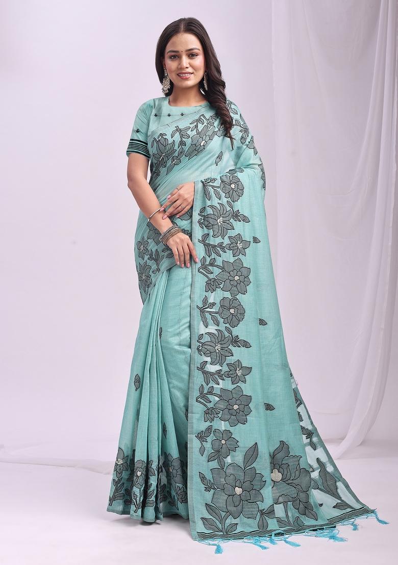 Sky Blue Woven Zari Work Poly Cotton Saree Set - Indya