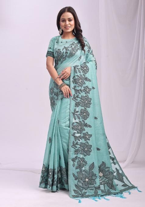 Sky Blue Woven Zari Work Poly Cotton Saree Set
