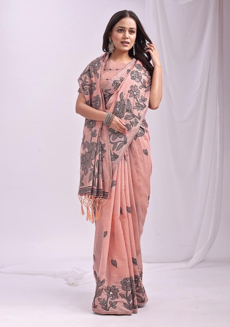 Light Pink Woven Zari Work Poly Cotton Saree Set - Indya