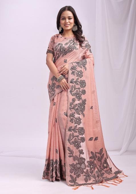 Light Pink Woven Zari Work Poly Cotton Saree Set