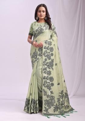Light Green Woven Zari Work Poly Cotton Saree Set