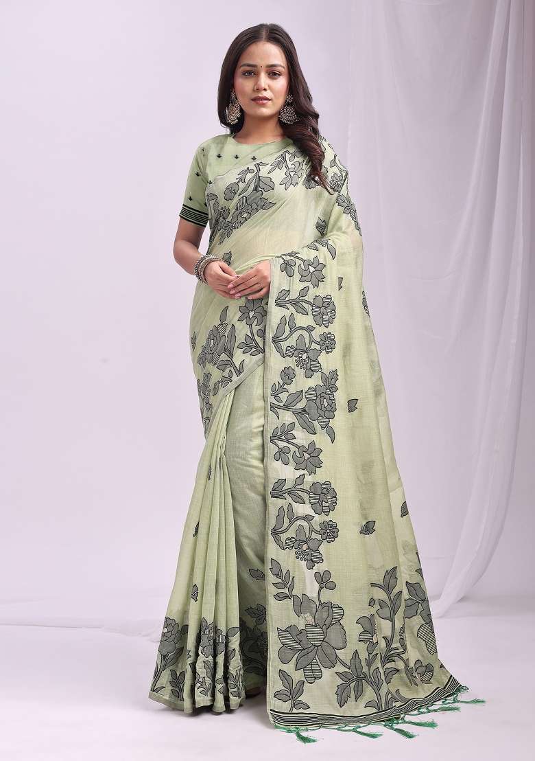 Light Green Woven Zari Work Poly Cotton Saree Set for Diwali and Festive Wear - Indya