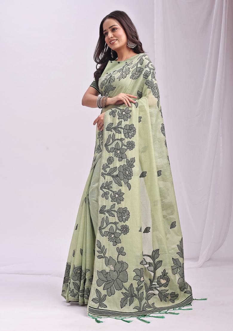 Light Green Woven Zari Work Poly Cotton Saree Set - Indya