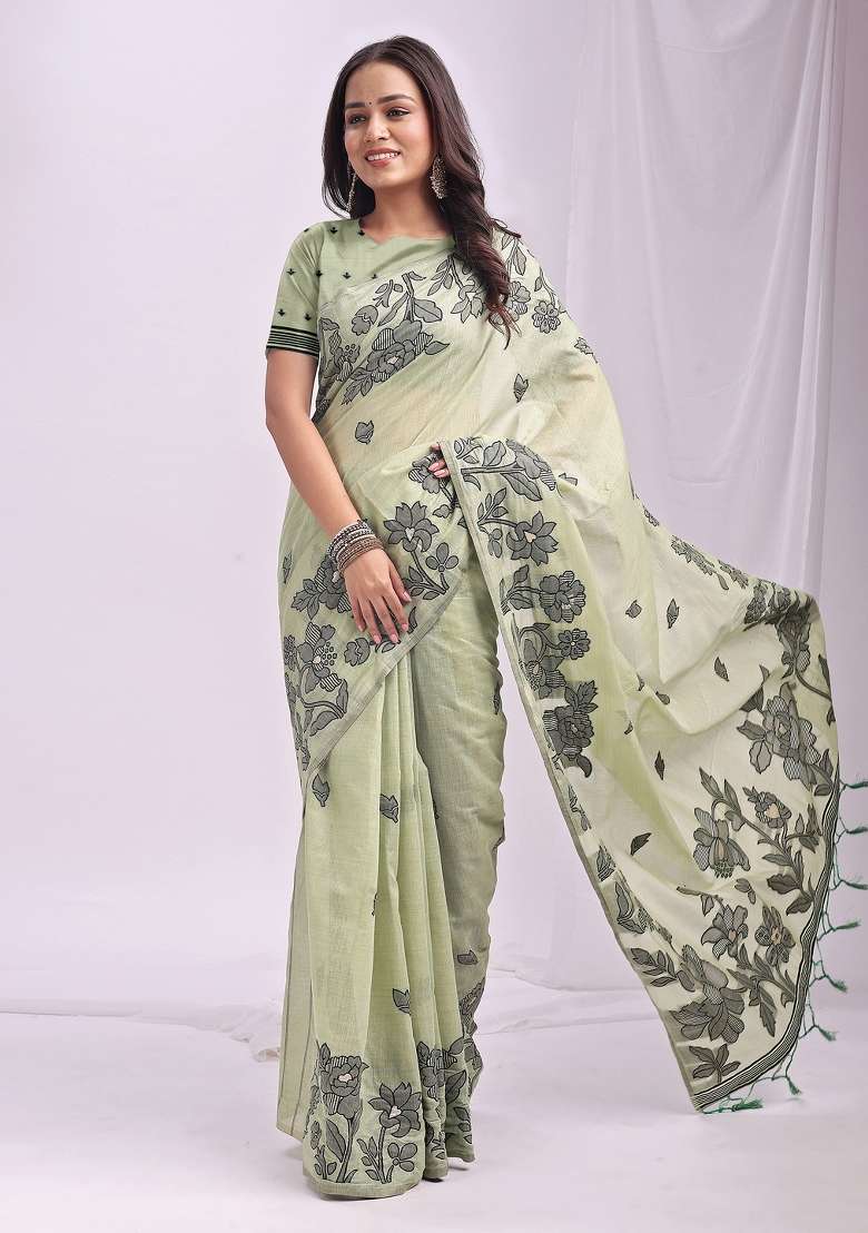 Light Green Woven Zari Work Poly Cotton Saree Set for Diwali and Festive Wear - Indya