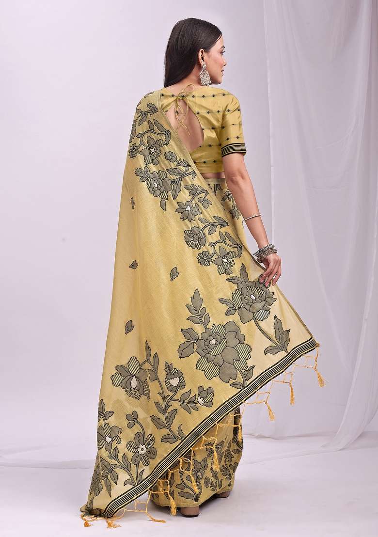 Yellow Woven Zari Work Poly Cotton Saree Set for Diwali and Festive Wear - Indya