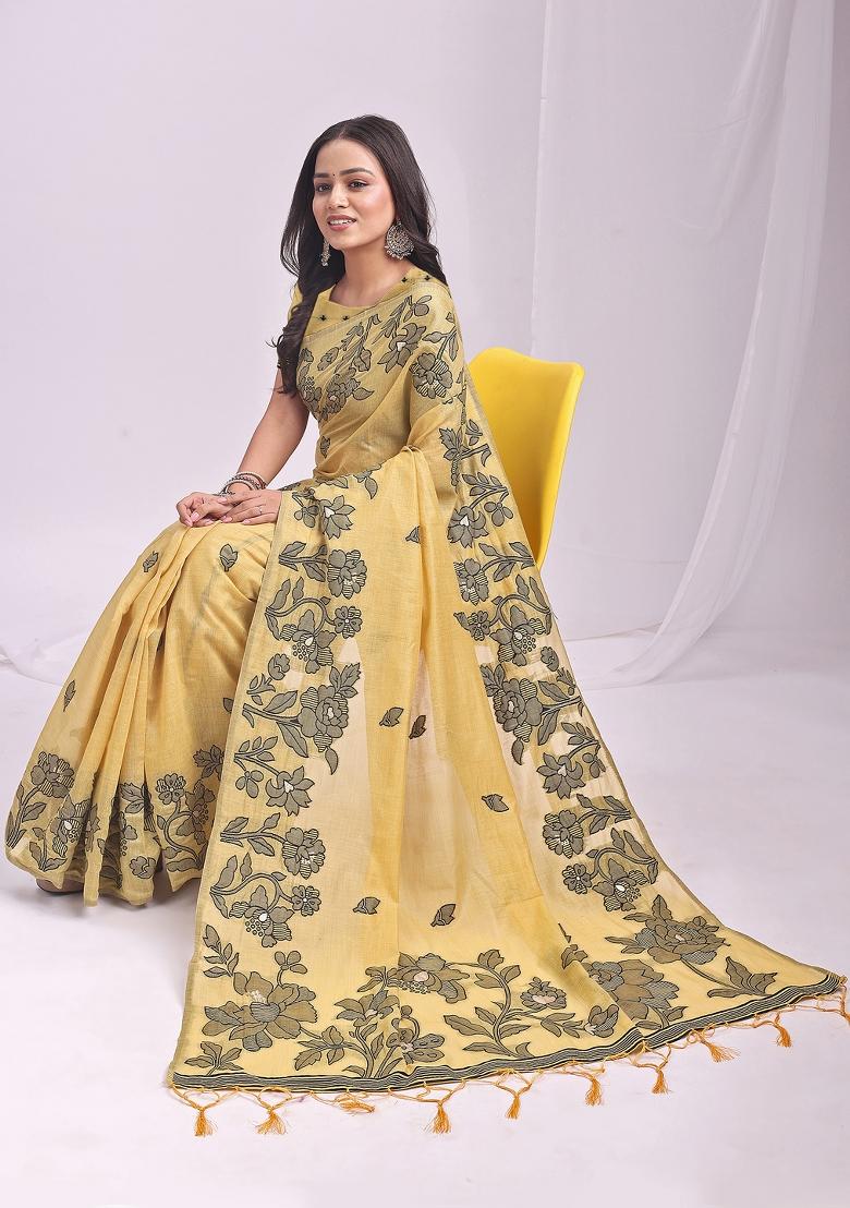 Yellow Woven Zari Work Poly Cotton Saree Set - Indya